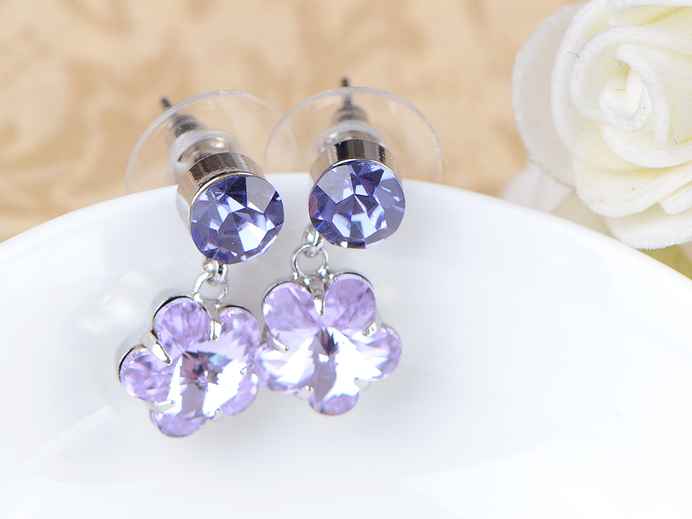 Swarovski Crystal Purple Hibiscus Flower Drop Earring Necklace Statement Jewelry Set