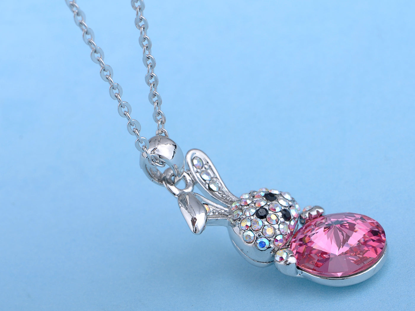 Swarovski Crystal Curious Animal Bunny Rabbit With Rose Or Topaz Easter Egg Pendant Necklace