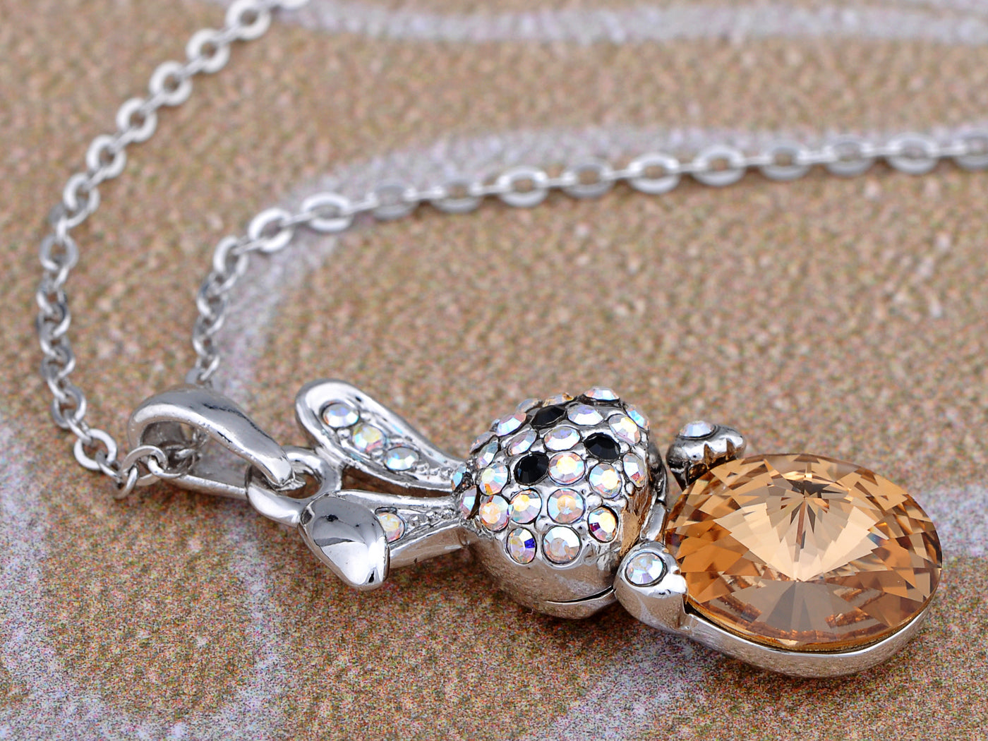 Swarovski Crystal Curious Animal Bunny Rabbit With Rose Or Topaz Easter Egg Pendant Necklace