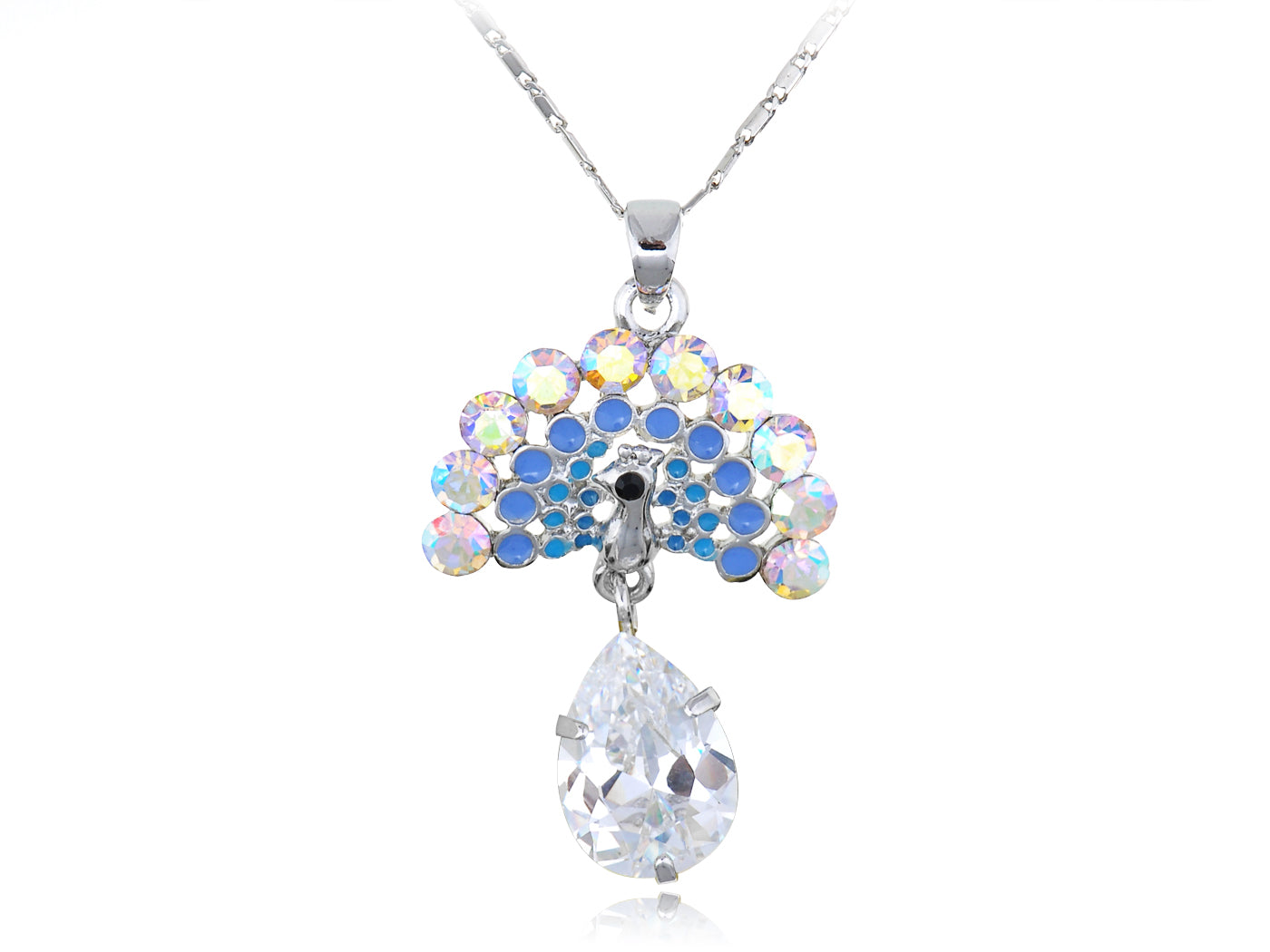 Swarovski Crystal Faux Pearl Light Blue Feather Peacock Pendant Necklace