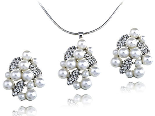 Swarovski Crystal Pearl Cluster Organic Leafy Element Earring Necklace Set