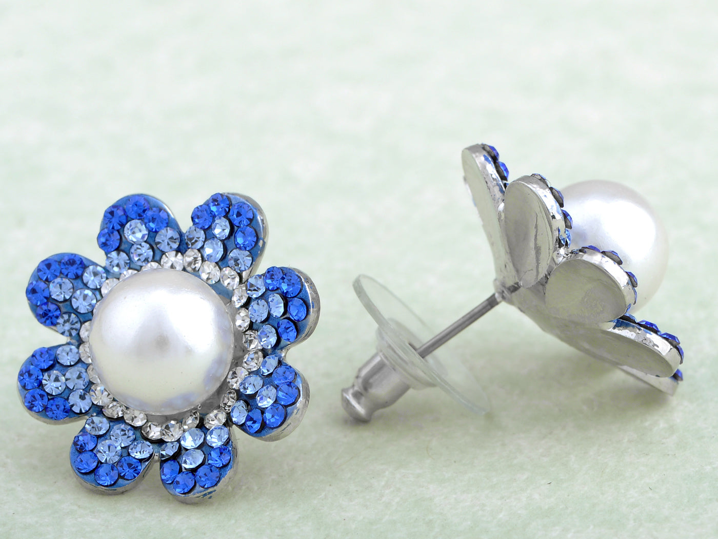 Swarovski Crystal Sapphire Pearl Center Daisy Element Earring Necklace Set