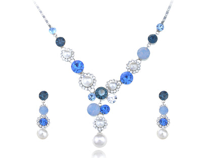 Swarovski Crystal Blue Alternating Pearl Daisy Element Earring Necklace Set