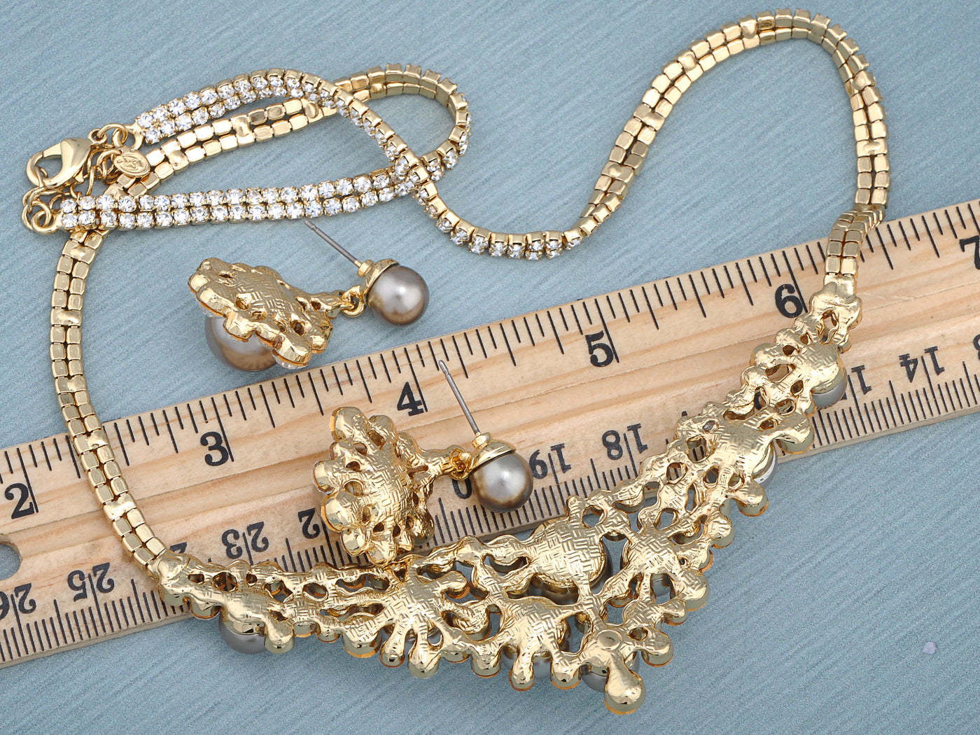 Swarovski Crystal Antique Bridal Grey Pearl Element Earring Choker Necklace Set