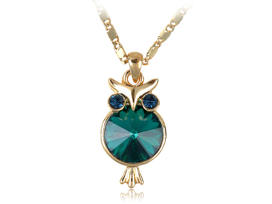 Swarovski Crystal Emerald Green Round Hoot Owl Body Blue Eyed Pendant Necklace