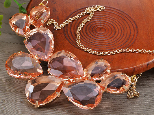 Rose Gold Champagne Teardrop Cluster Statement Bib Pendant Necklace