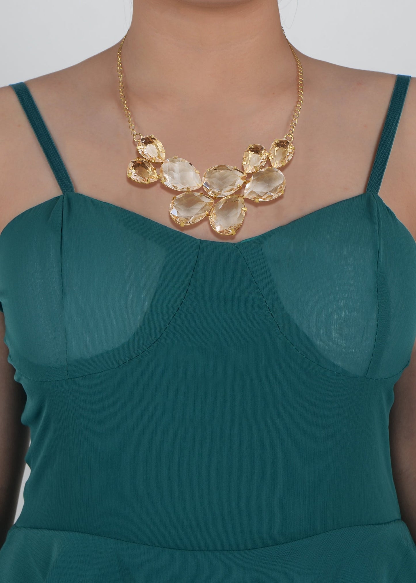Rose Gold Champagne Teardrop Cluster Statement Bib Pendant Necklace