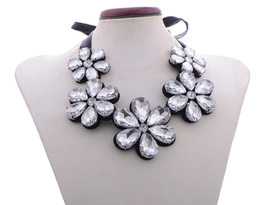 Black Satin Five Flowers Leather Backing Bib Necklace