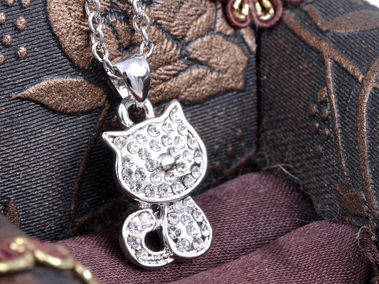 Swarovski Crystal Studded Sitting Casual Kitty Cat Pendant Necklace