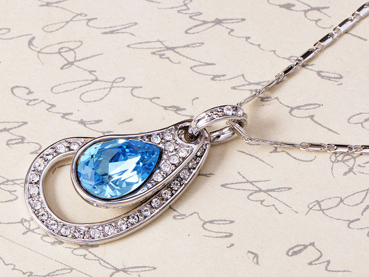 Swarovski Crystal Antique Ocean Blue Topaz Frozen Teardrop Dangling Gem Silver Pendant Necklace