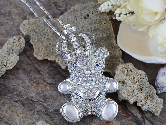 Swarovski Crystal Silver Elements King Teddy Bear Necklace