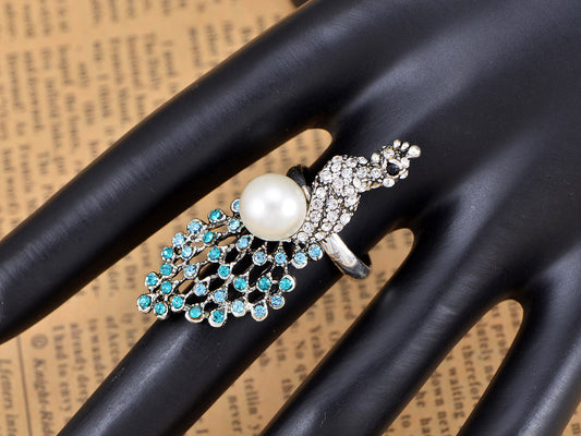 Silver Aquamarine Pearl Peacock Bird Ring