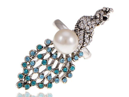 Silver Aquamarine Pearl Peacock Bird Ring