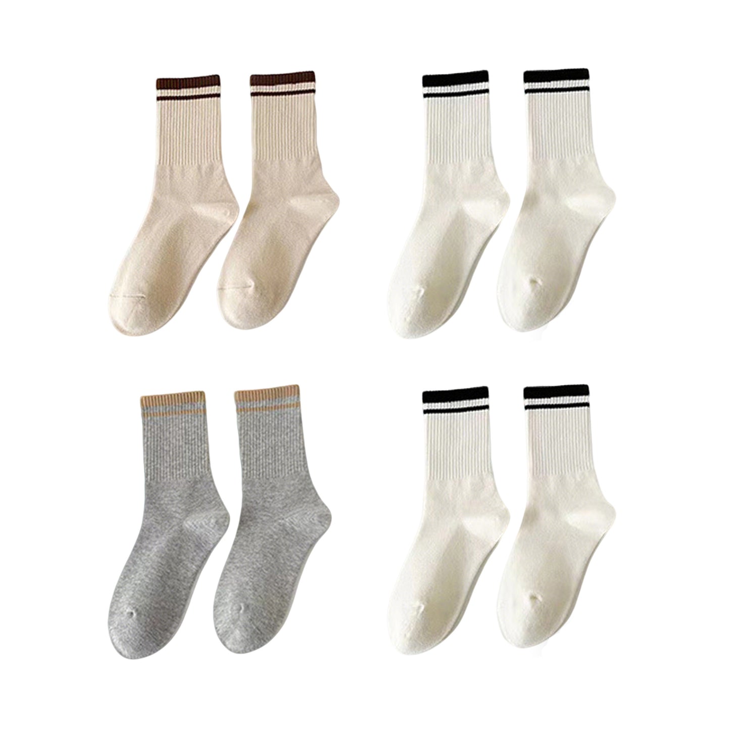 4-Pack Ribbed Crew Socks with Double Stripe Cuff Soft Stretch Fit in Neutral Tones