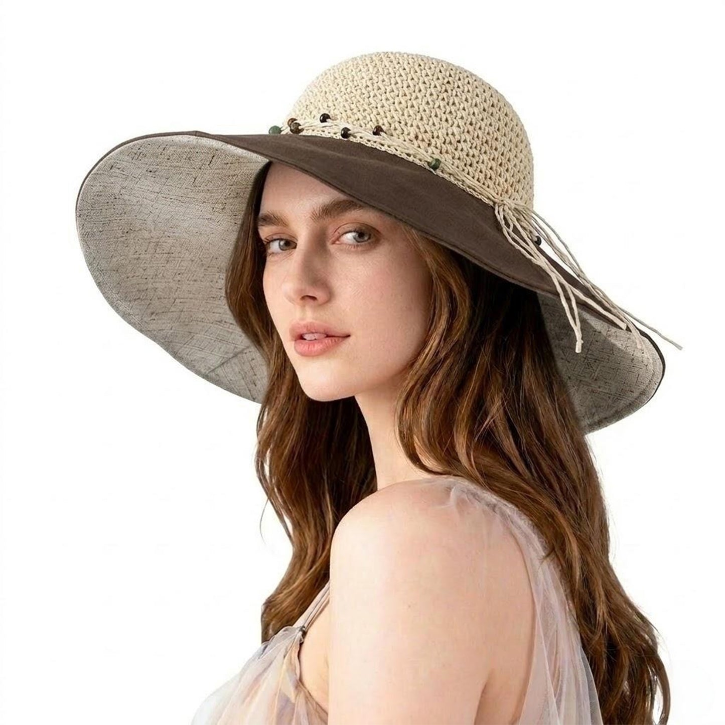 Wide Brim Straw Sun Hat Breathable Crochet Summer Hat with Decorative Band