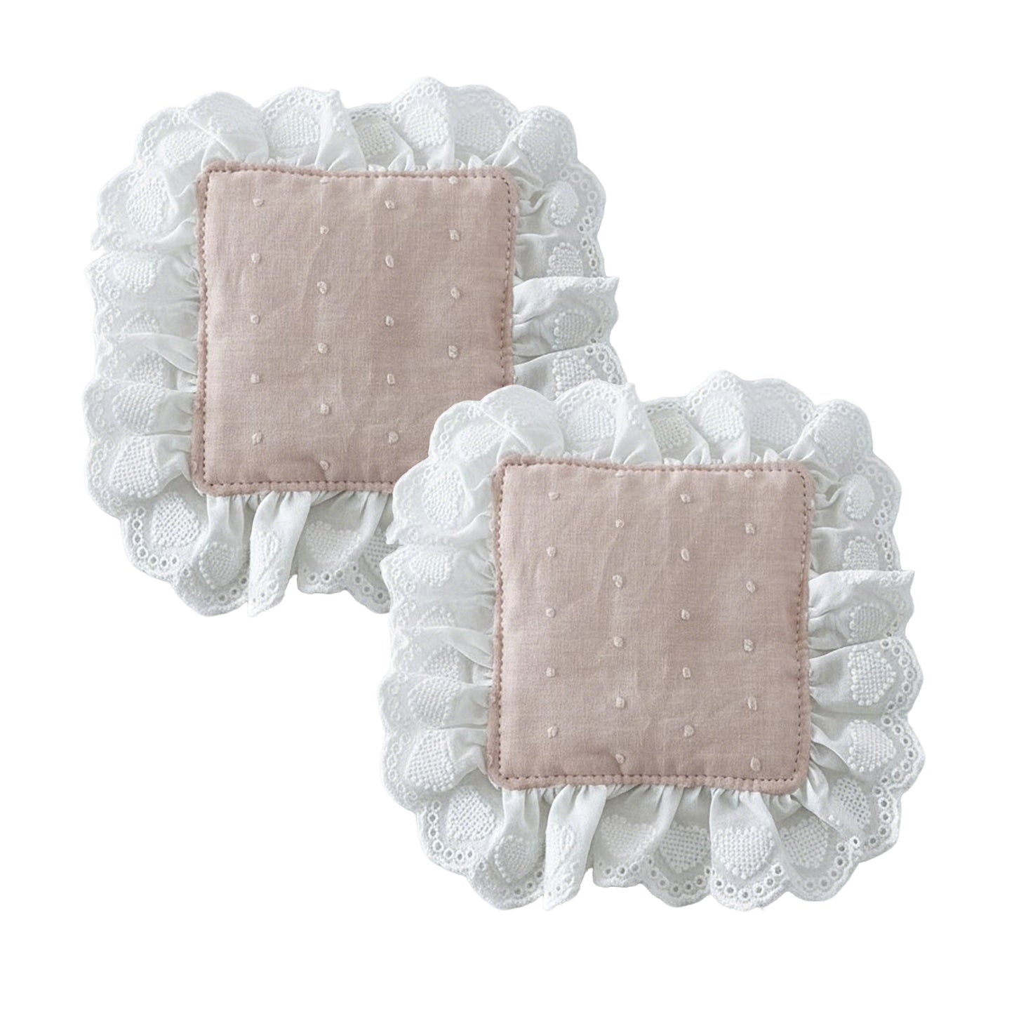 2-PC Lace Trim Square Fabric Cup Coaster with Soft Padded Center and Embroidered Detail