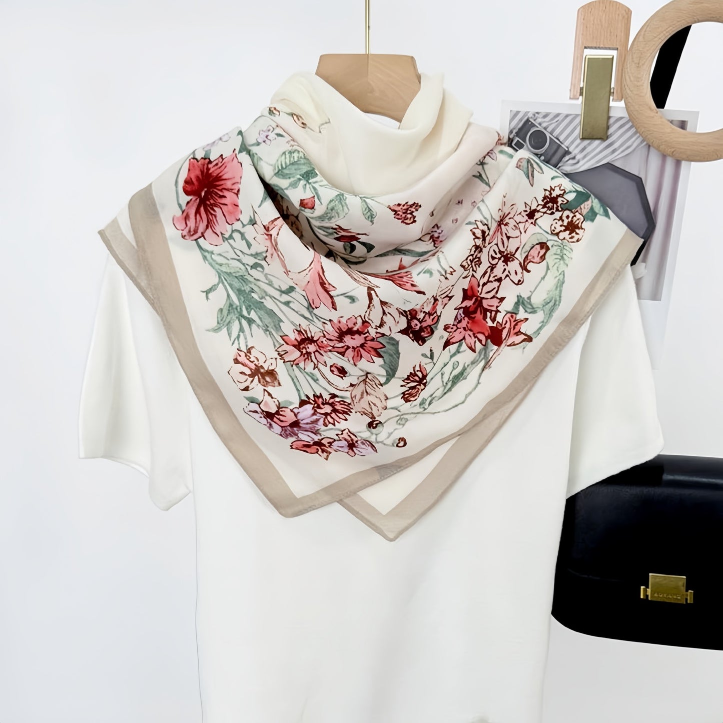 Floral Print Square Scarf with Lightweight Draped Fabric, Soft Smooth Texture, and Elegant Border Detailing 35.5x35.5in