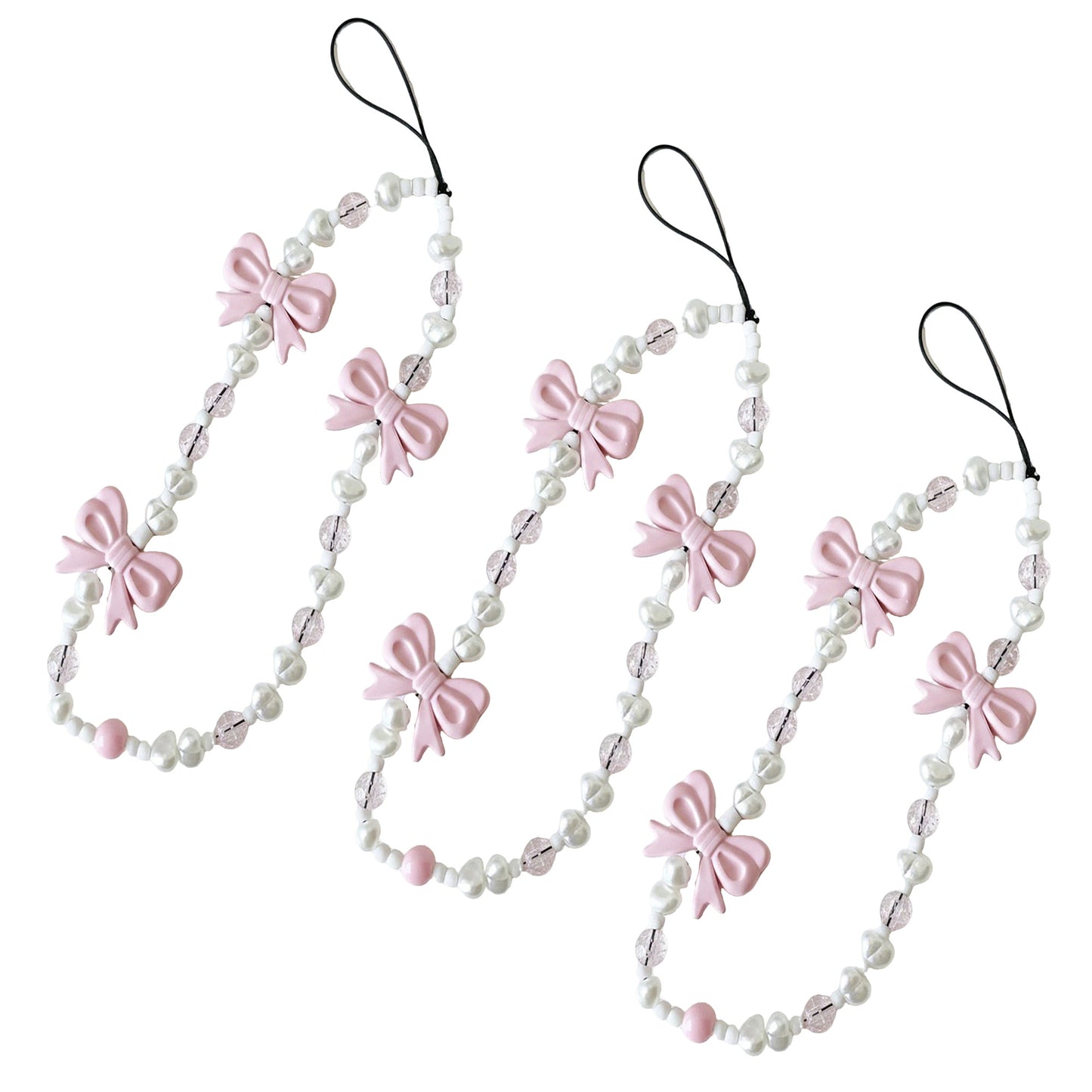 3-PC Beaded Bow Phone Charm Strap with Pearl-Style Beads and Decorative Accents