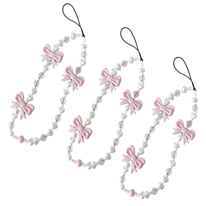 3-PC Beaded Bow Phone Charm Strap with Pearl-Style Beads and Decorative Accents