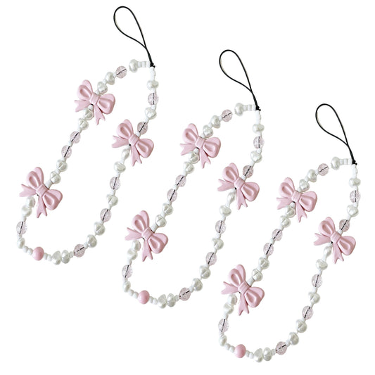 3-PC Beaded Bow Phone Charm Strap with Pearl-Style Beads and Decorative Accents
