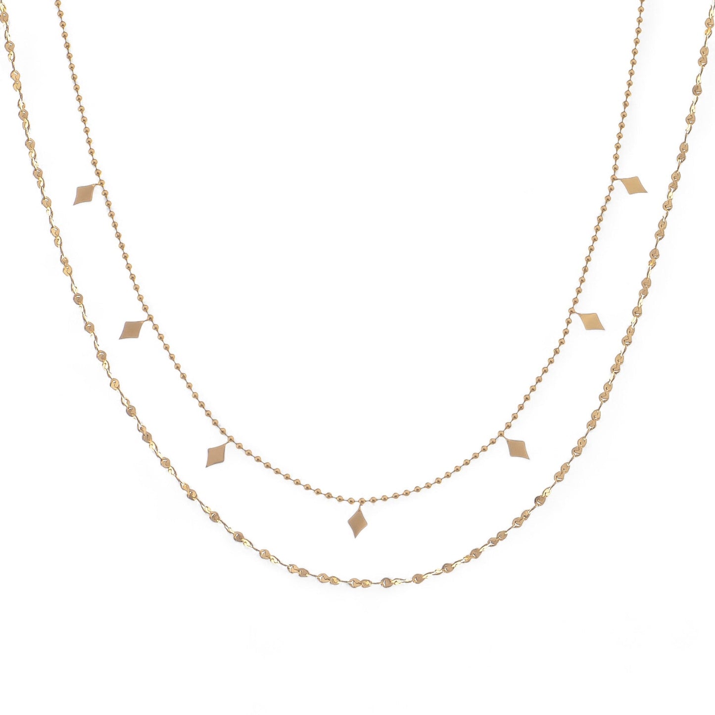 Double Layer Gold Tone Necklace with Diamond Shape Charms Layered Chain Design
