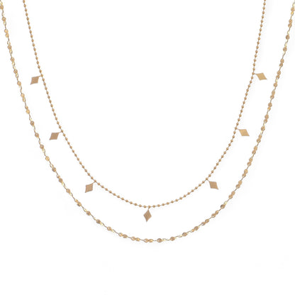 Double Layer Gold Tone Necklace with Diamond Shape Charms Layered Chain Design