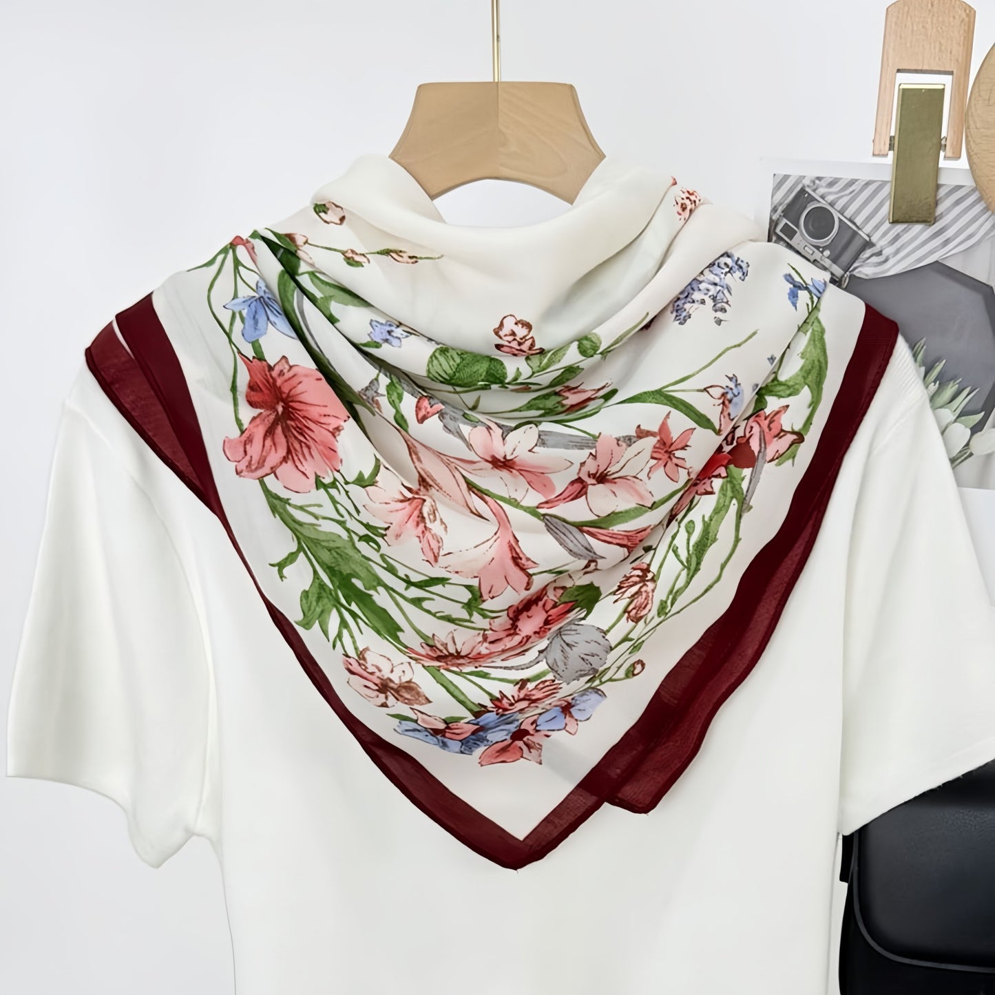 Floral Print Square Scarf with Lightweight Draped Fabric, Soft Smooth Texture, and Elegant Border Detailing 35.5x35.5in