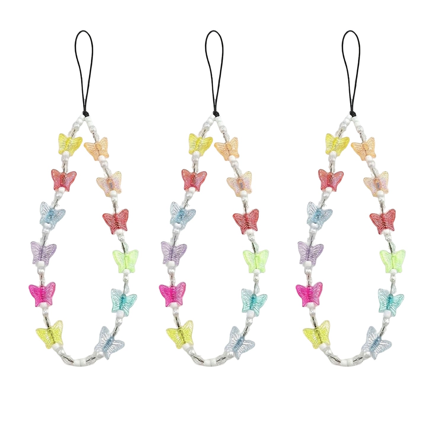 3-PC Beaded Butterfly Phone Charm Strap with Colorful Acrylic Charms