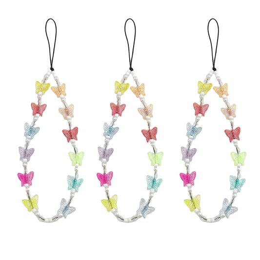 3-PC Beaded Butterfly Phone Charm Strap with Colorful Acrylic Charms