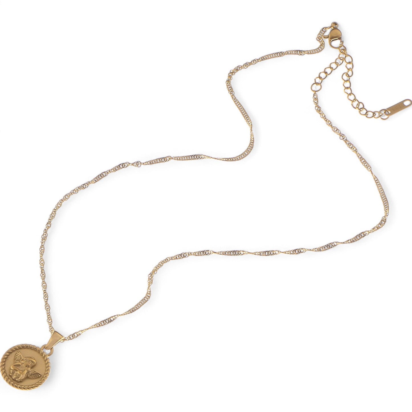 Gold Tone Angel Medallion Pendant Necklace with Twisted Rope Chain
