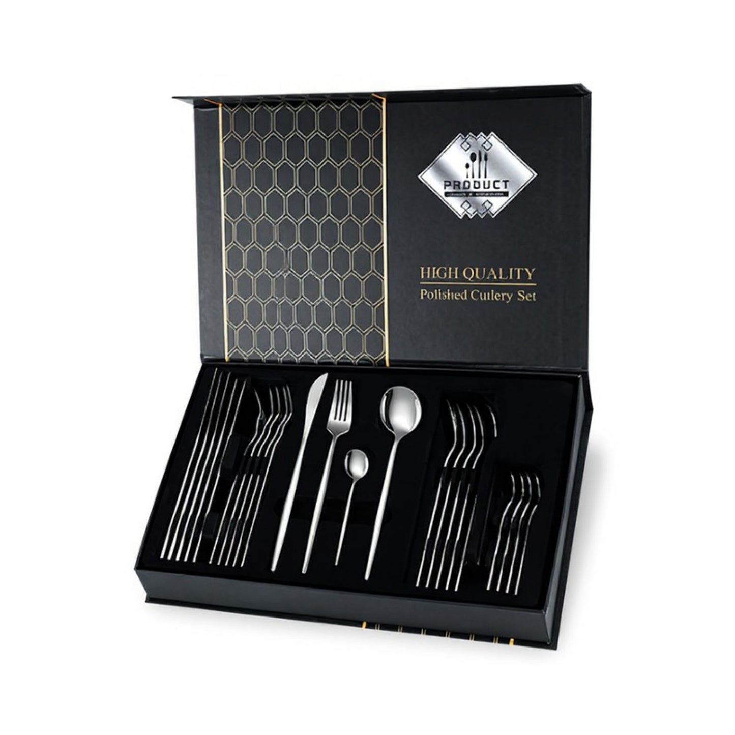 Polished Cutlery Set with Coordinated Flatware Pieces and Decorative Storage Box