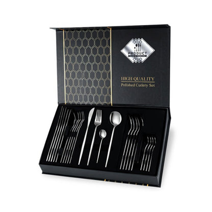 Polished Cutlery Set with Coordinated Flatware Pieces and Decorative Storage Box