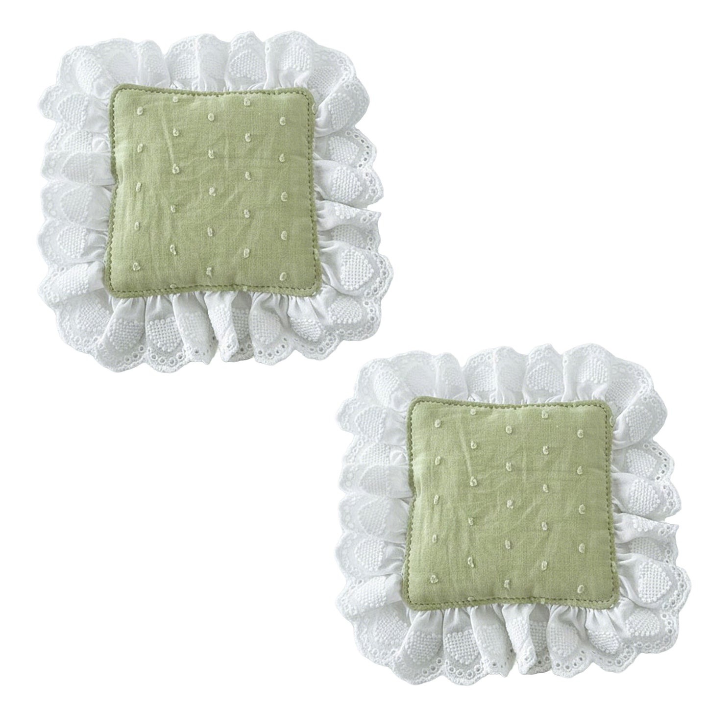 2-PC Lace Trim Square Fabric Cup Coaster with Soft Padded Center and Embroidered Detail