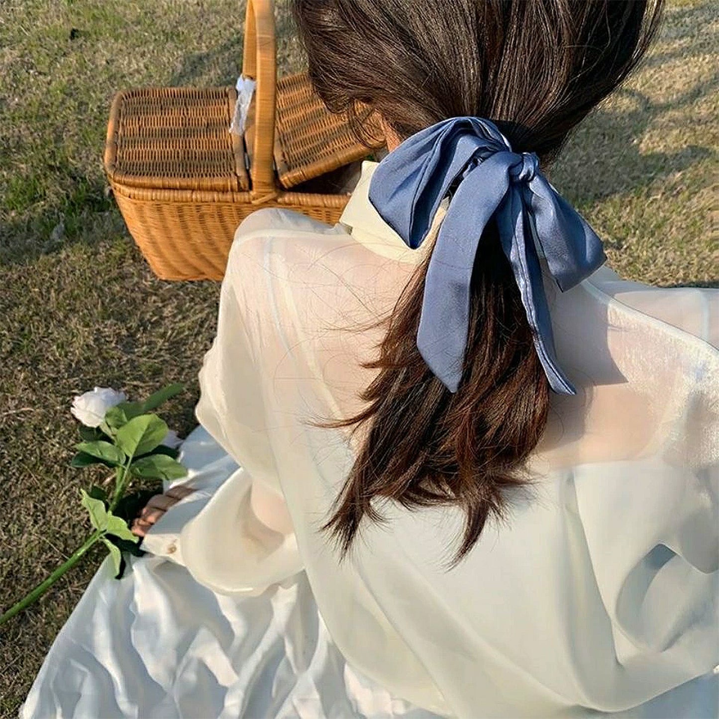 Knotted Bow Satin Hair Scrunchies Ties Elastic Hair Scarf Hair Bands Ponytail Holder for Women Girls