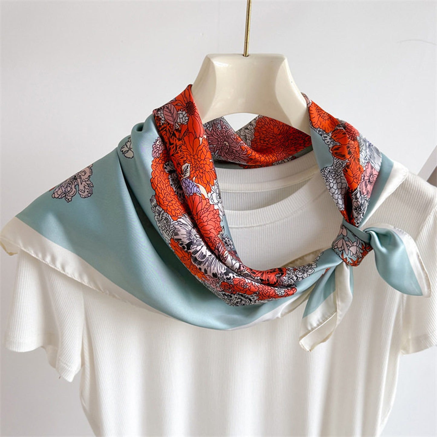 Square Floral Horse Silk Feel Satin Scarf Lightweight Wrap 27.5 Inch