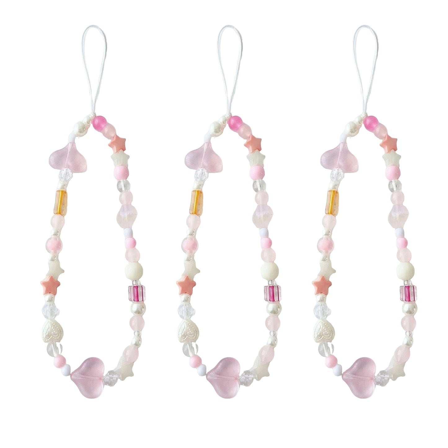 3-PC Iridescent Beaded Phone Charm Strap with Heart Accent