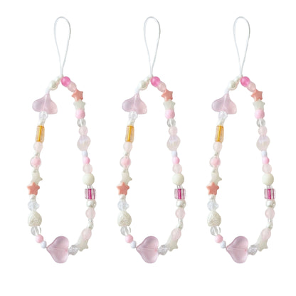 3-PC Iridescent Beaded Phone Charm Strap with Heart Accent
