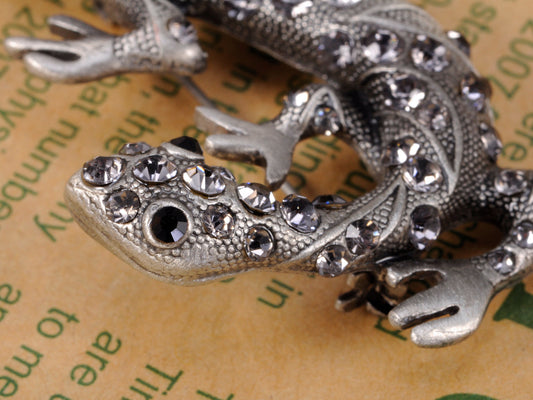 Antique Silver Grey Vintage Gothic Gecko Lizard Long Brooch Pin