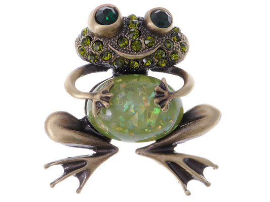 Brass Peridot Green Colored Animal Smiley Frog Brooch Pin