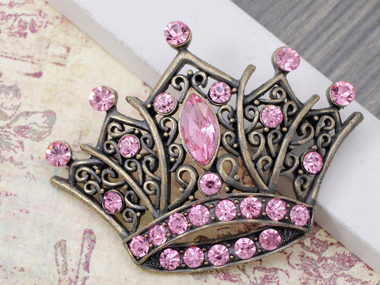 Antique Brass Shine Pink Princess Queen Crown Brooch Pin