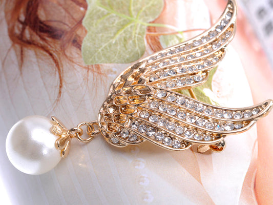 Gold Flying Angel Wings With Dangling Pearl Pin Brooch
