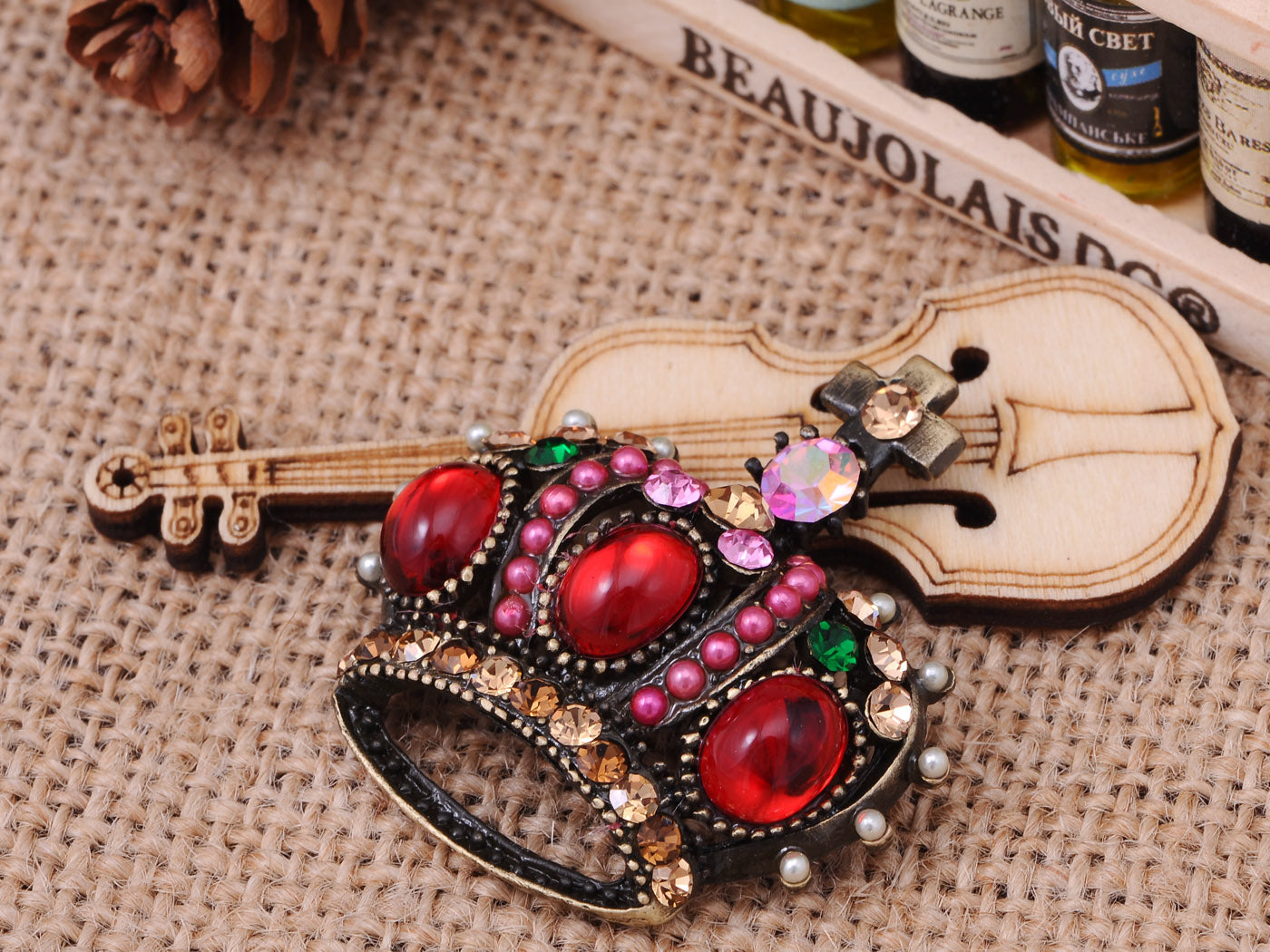 Gun Bronze Multicolored Antique Vintage Crown Brooch Pin