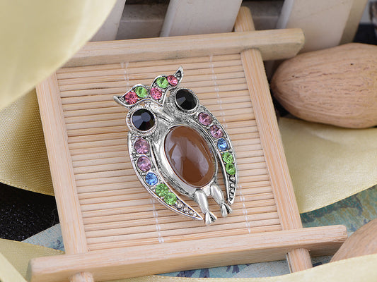 Staring Owl Bird Peridot Czech Pin Brooch