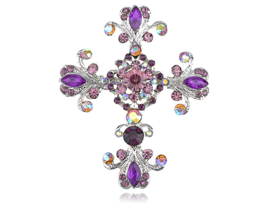 Victorian Flourish Flower God Cross Pin Brooch Purple