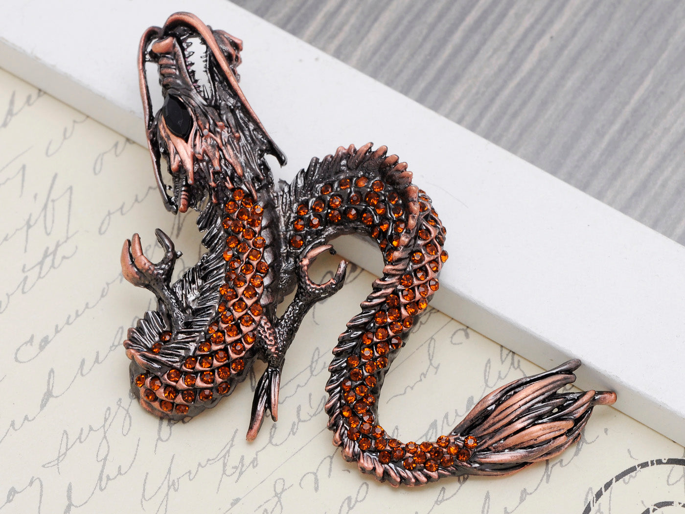 Gun Topaz Colored Antique Dragon Brooch Pin