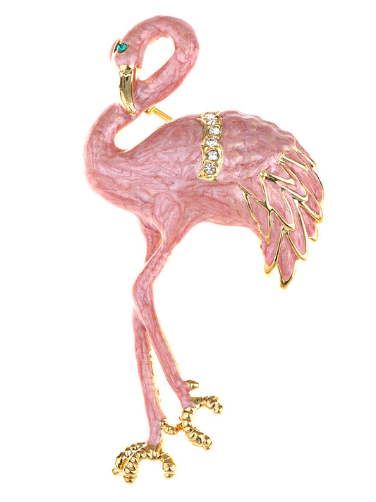 Pearlescent Pink Enamel Flamingo Crane Bird Brooch Pin
