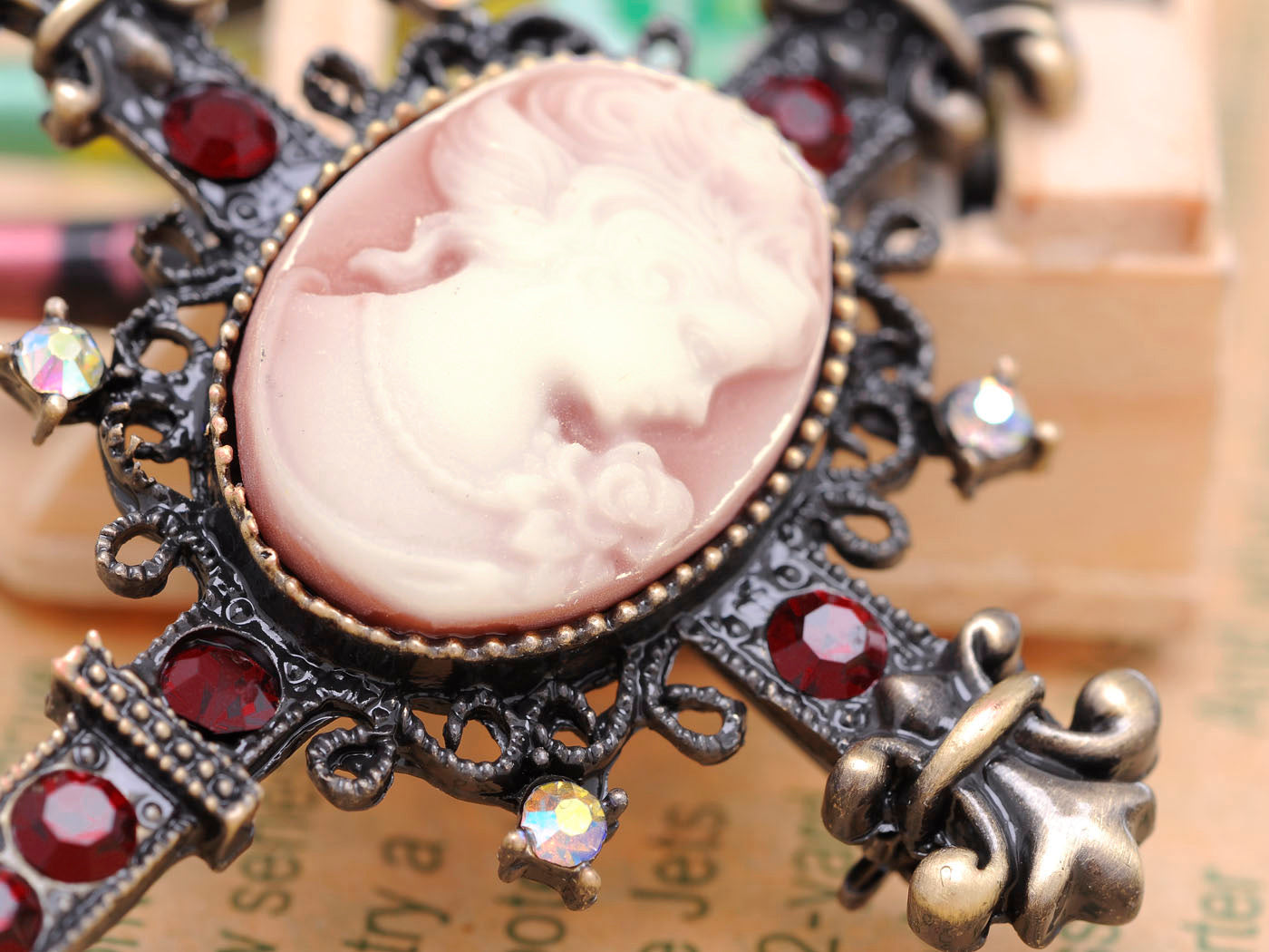 Gun Red Vintage Victorian Cameo Lady Cross Brooch Pin