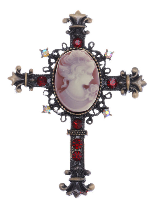 Gun Red Vintage Victorian Cameo Lady Cross Brooch Pin