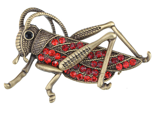 Antique Red Grasshopper Cricket Insect Brooch Pin