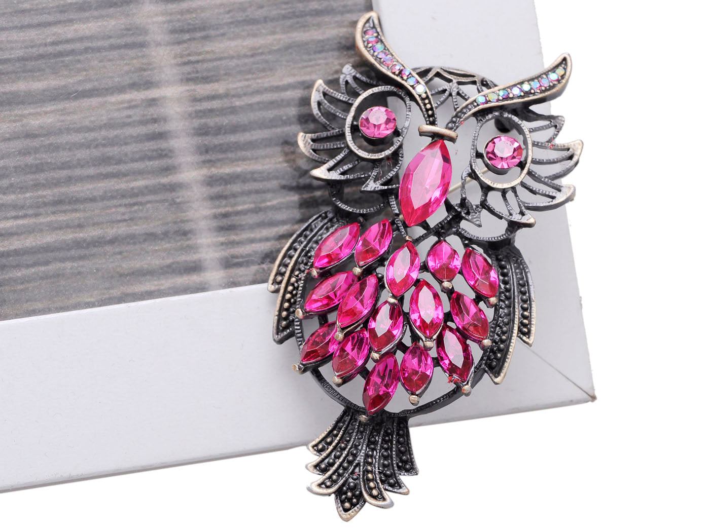 Vintage Pink Marquise Feather Owl Pin Brooch